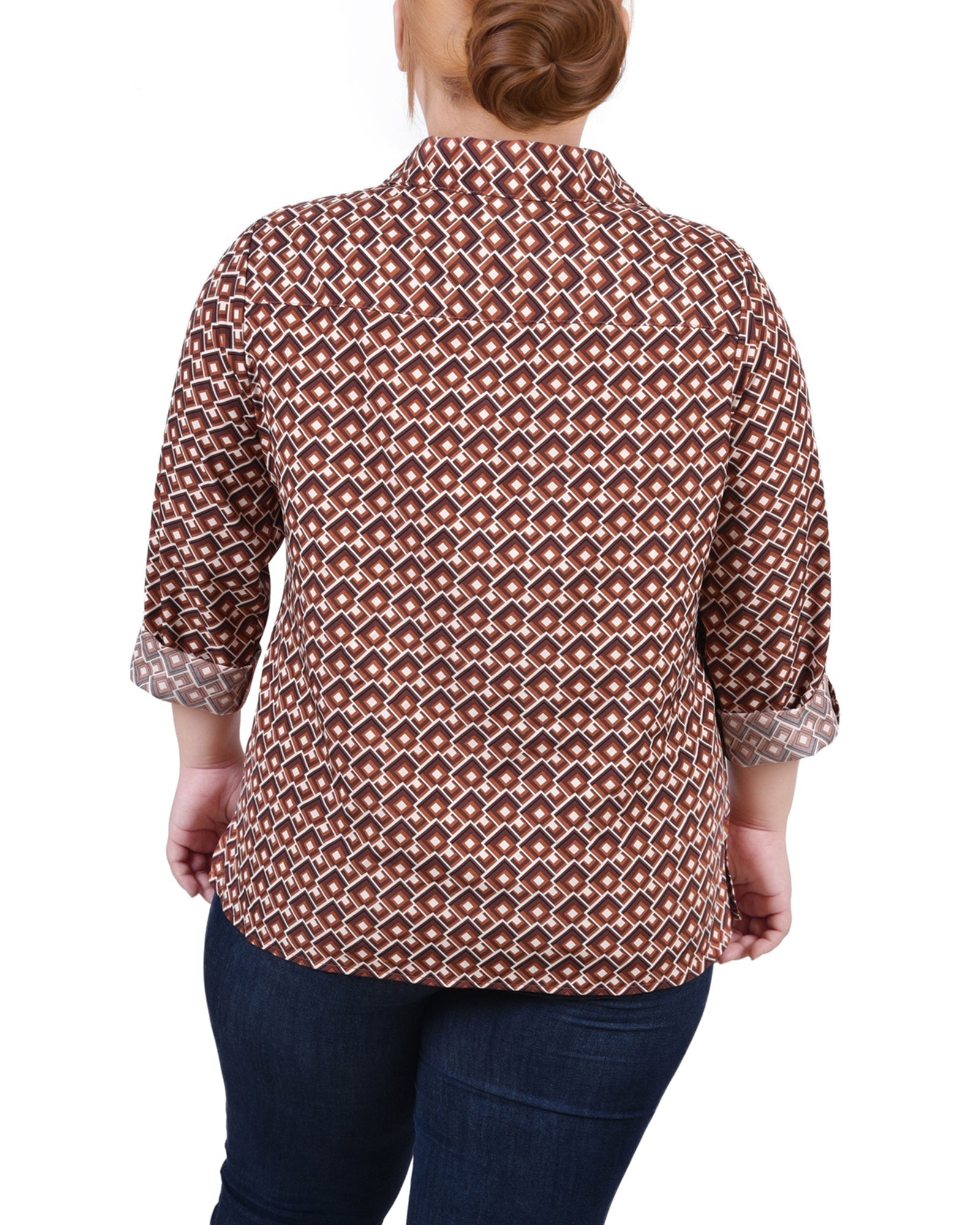  NY Collection Plus Size 3/4 Sleeve Roll Tab Notch Collar Blouse - Red Dots Mix - Bonton