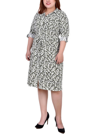 Plus Size Long Sleeve Roll Tab Shirtdress