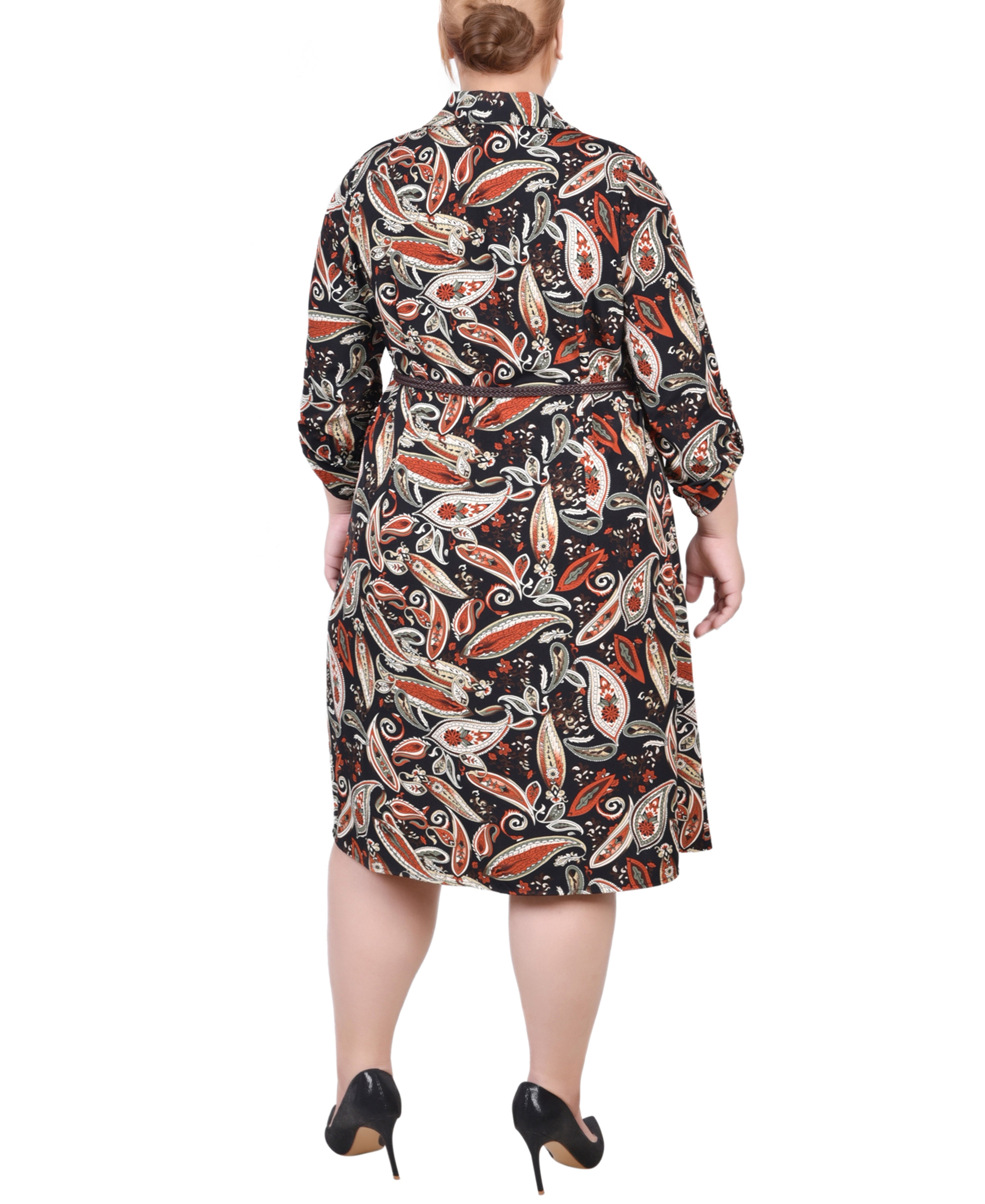  NY Collection Plus Size 3/4 Roll Tab Sleeve Shirtdress - Doeskin Black Allie - Bonton