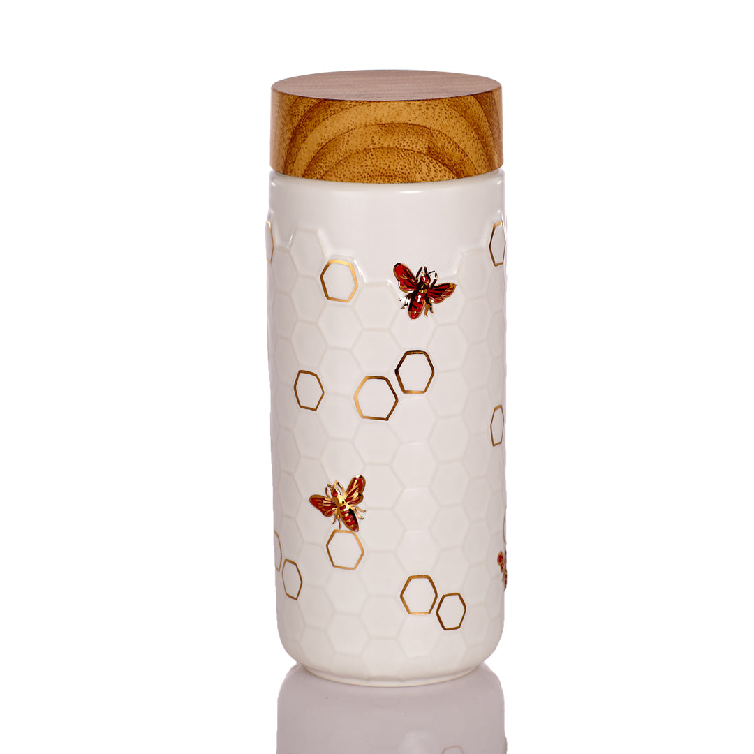  Acera Honey Bee Ceramic Travel Mug / Gold 12.3 Oz - Black and Hand-Painted Gold Bees - Bonton