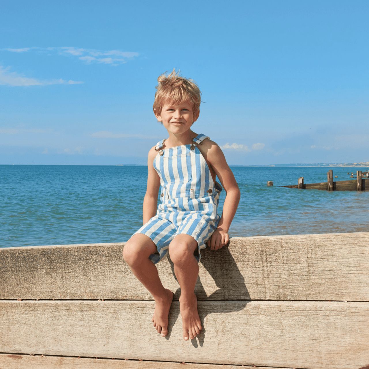  Dotty Dungarees Wide Stripe Denim Overall Shorts - Blue - Bonton