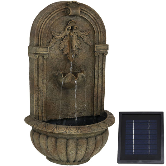 27"H Solar-Powered with Battery Pack Polystone Florence Wall-Mount Water Fountain, Florentine Stone Finish