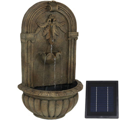 27"H Solar-Powered with Battery Pack Polystone Florence Wall-Mount Water Fountain, Florentine Stone Finish