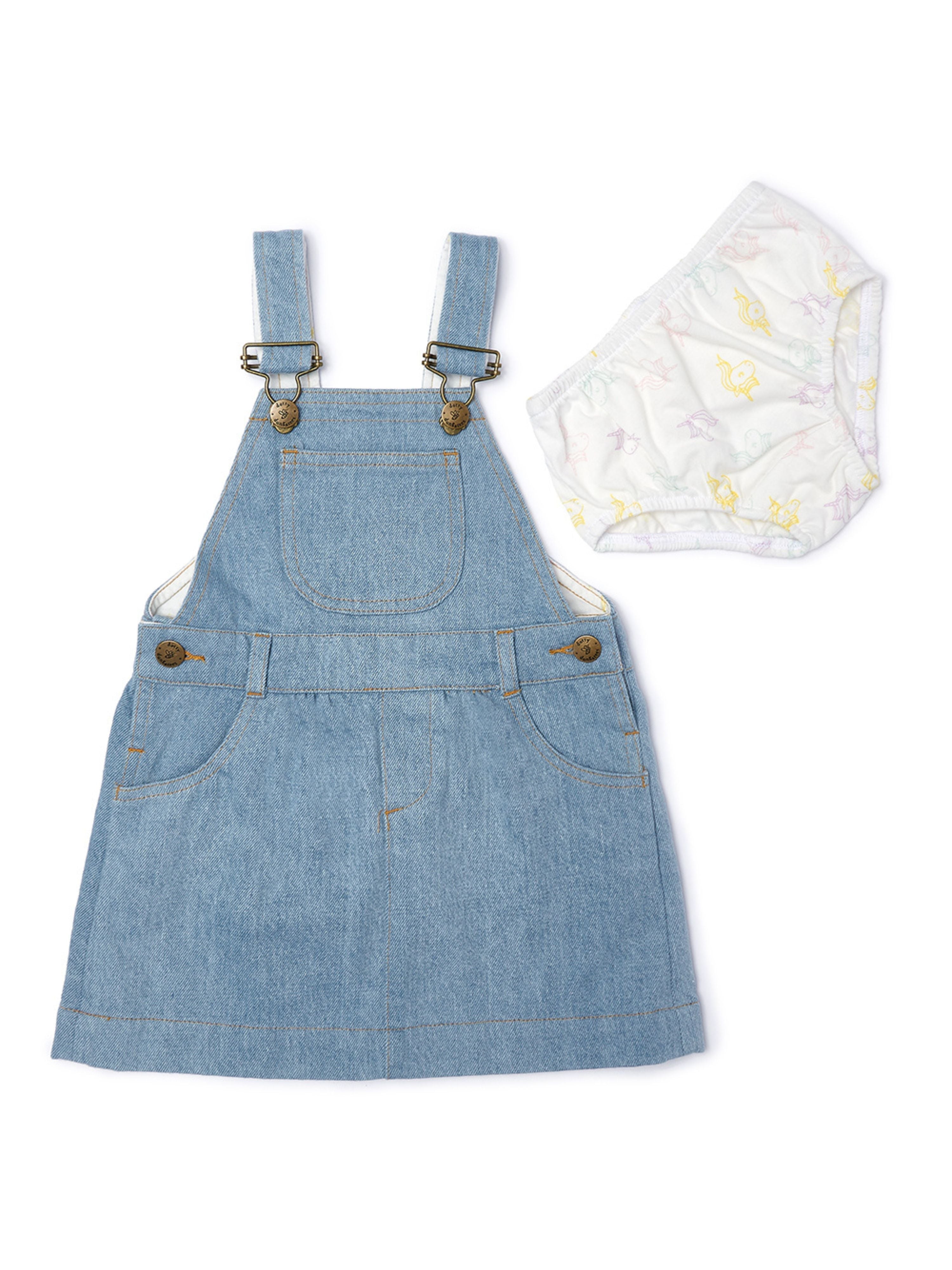  Dotty Dungarees Faded Denim Unicorn Overall Dress - Blue - Bonton