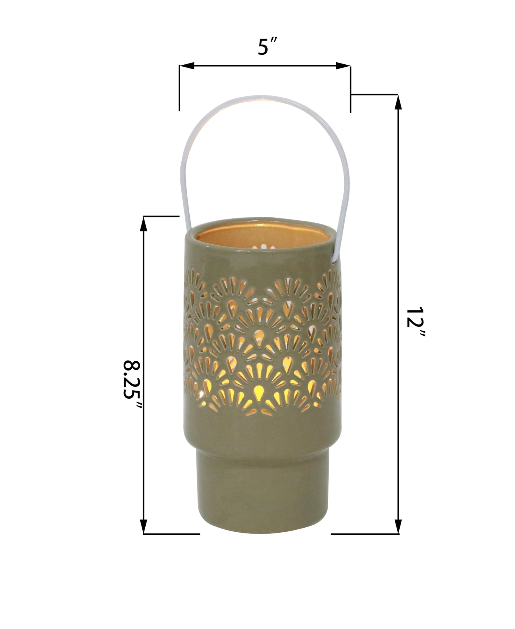  Flora Bunda Ceramic Lantern Featuring LED Shell - Olive Green - Bonton