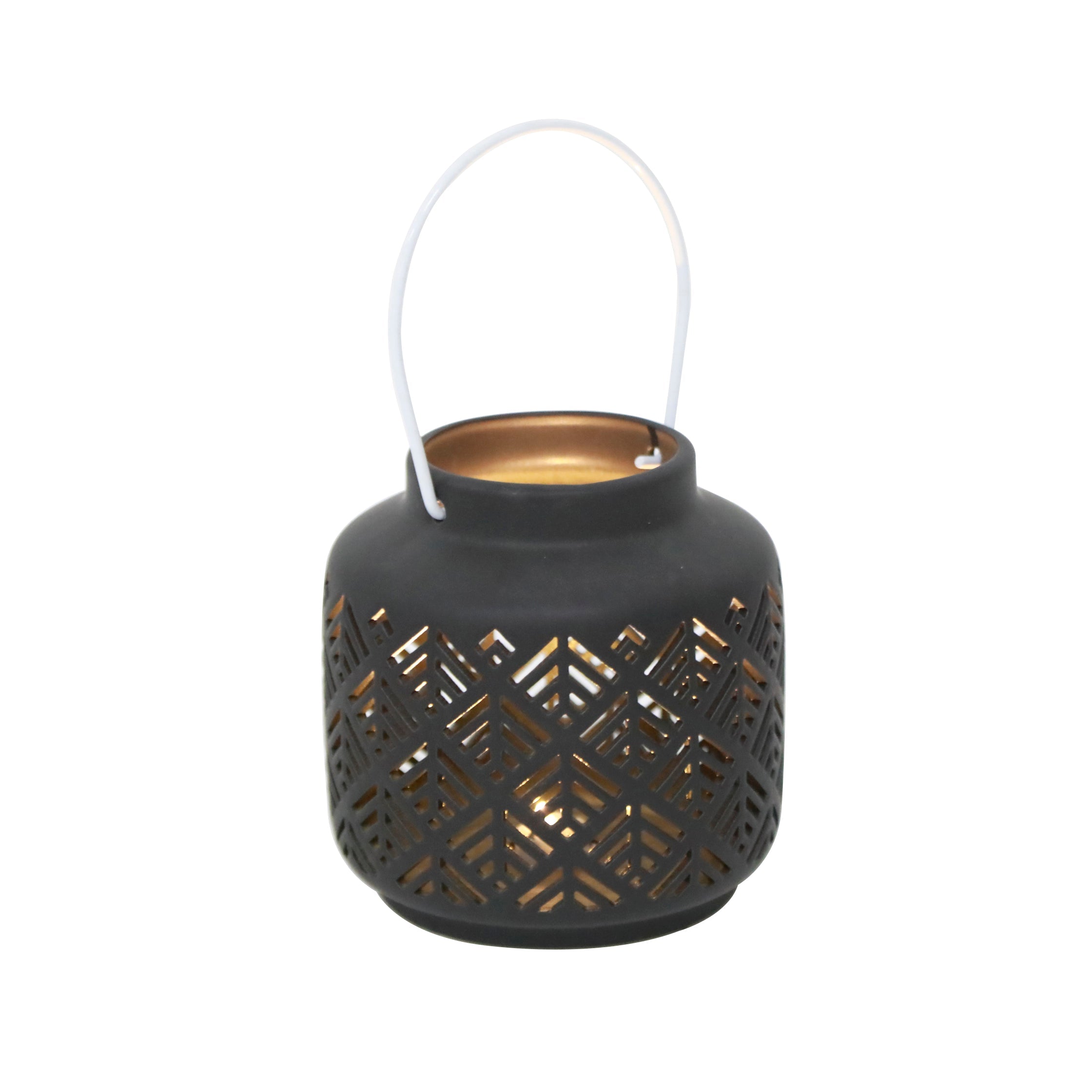  Flora Bunda Ceramic Lantern Featuring LED Herringbone - Matte Black - Bonton