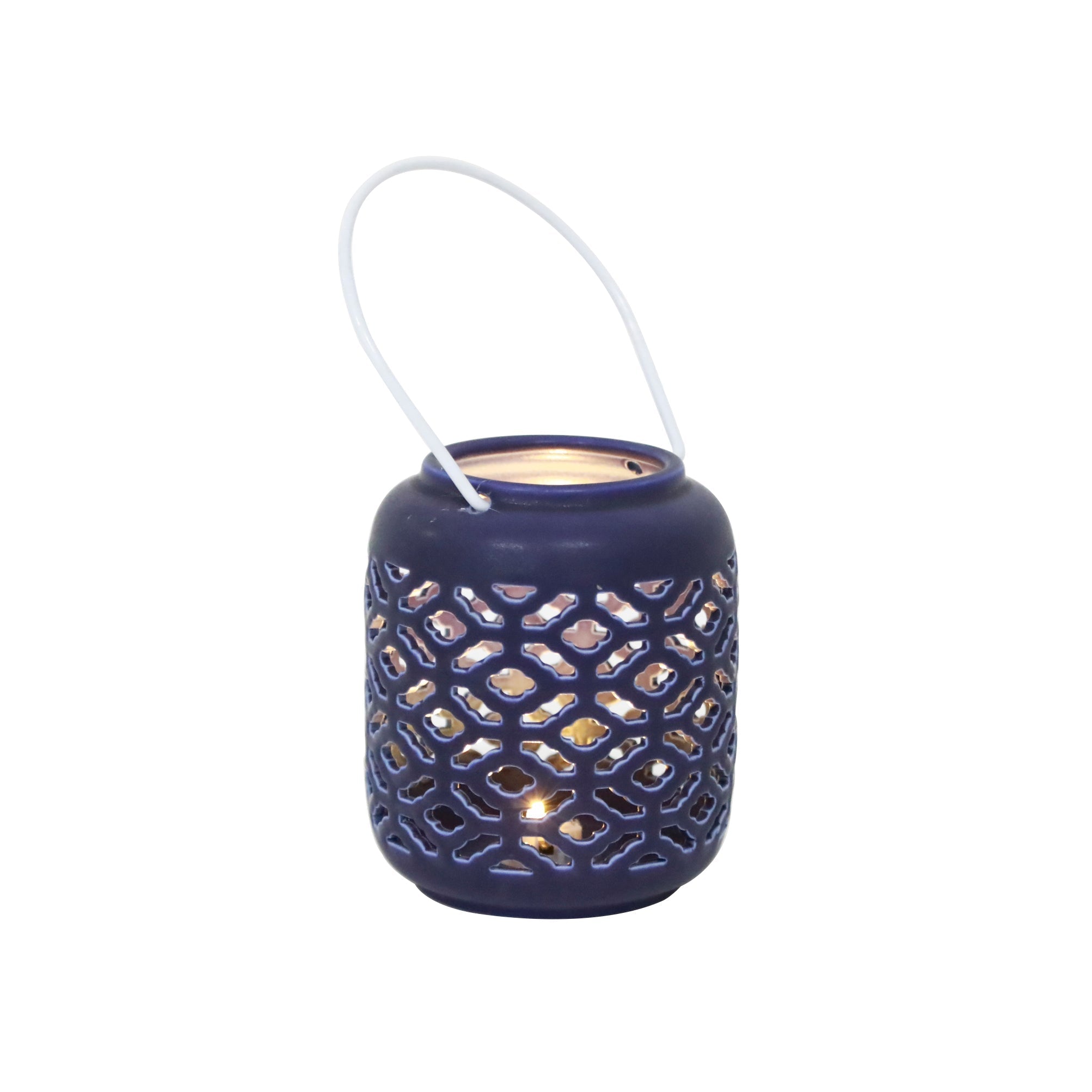  Flora Bunda Ceramic Lantern Featuring LED Kilim - Matte Navy - Bonton