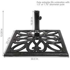 Heavy-Duty Cast Iron Decorative Imperial Geometric Design Square Patio Umbrella Base - 16" - Black