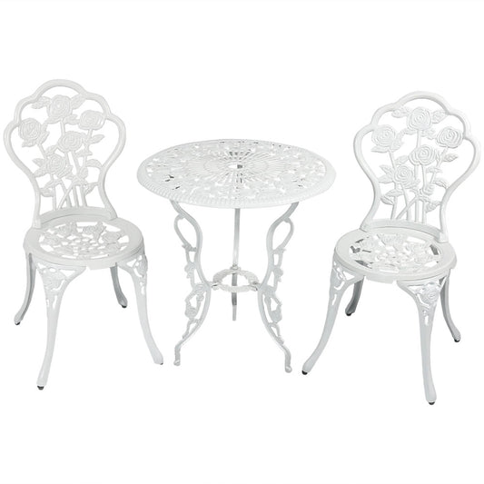 Flower Design Cast Aluminum Bistro Set with Cast Iron Legs, White, 3pc