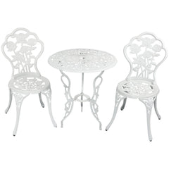 Flower Design Cast Aluminum Bistro Set with Cast Iron Legs, White, 3pc