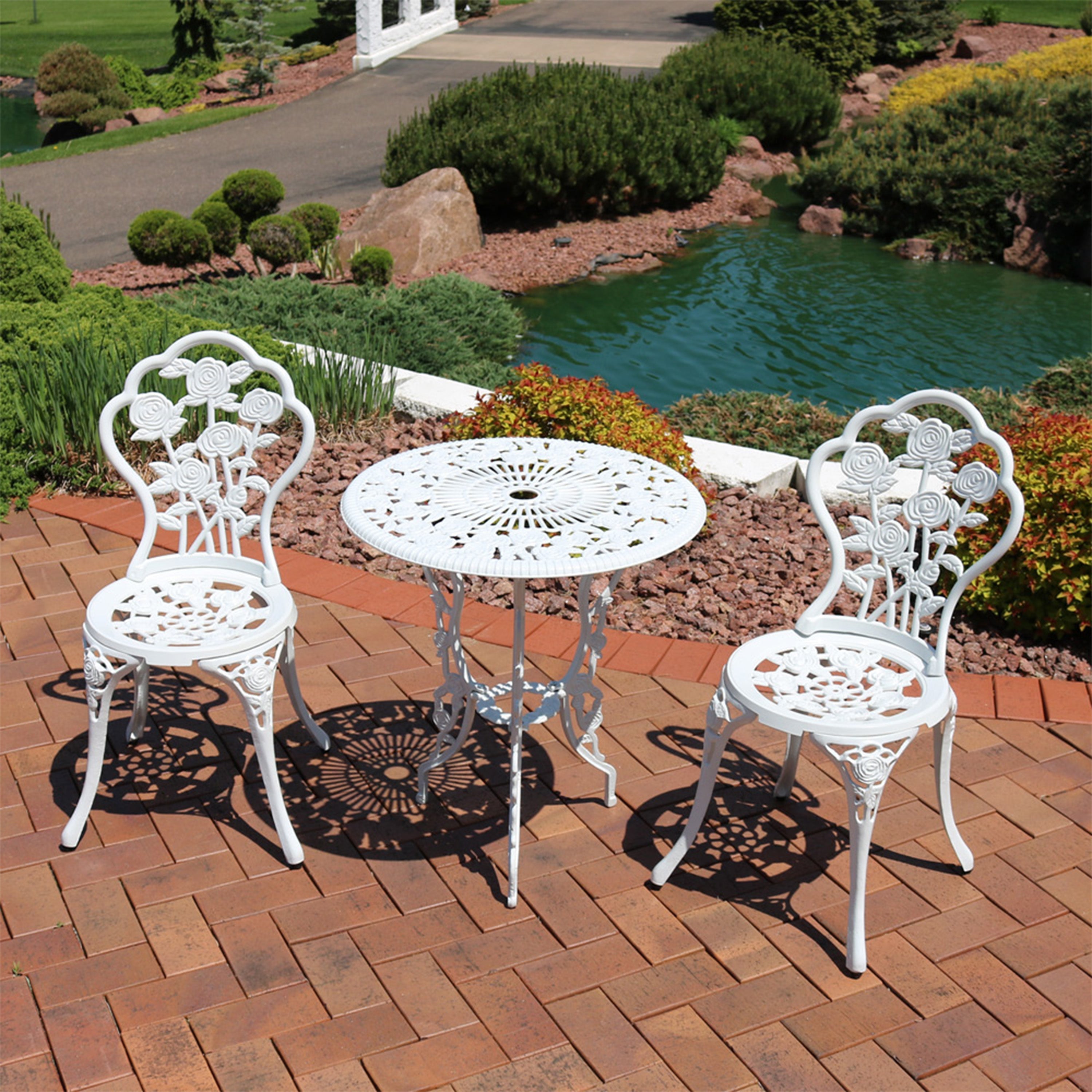  Sunnydaze Decor Flower Design Cast Aluminum Bistro Set with Cast Iron Legs, White, 3pc - White - Bonton