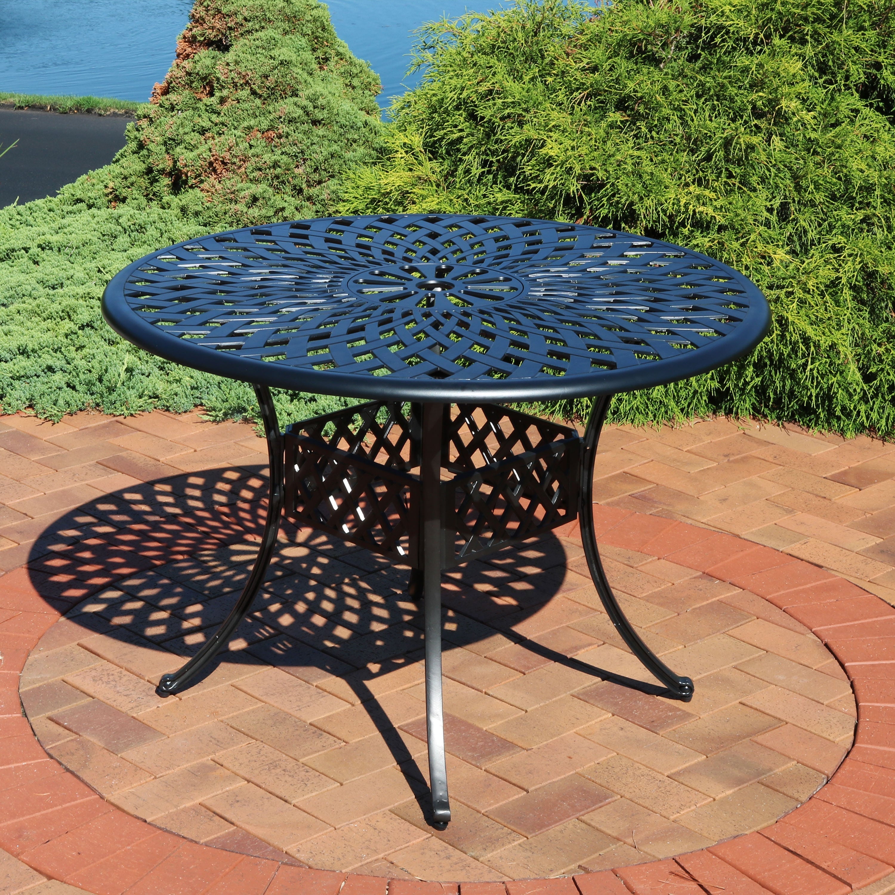  Sunnydaze Decor Crossweave Design Black Cast Aluminum Round Patio Dining Table with Umbrella Hole - Black - Bonton