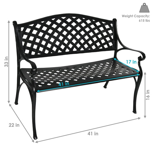 2-Person Checkered Design Cast Aluminum Patio Bench, Black