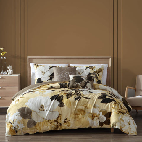Yellow Magnolia 100% Cotton 5 Piece Reversible Comforter Set