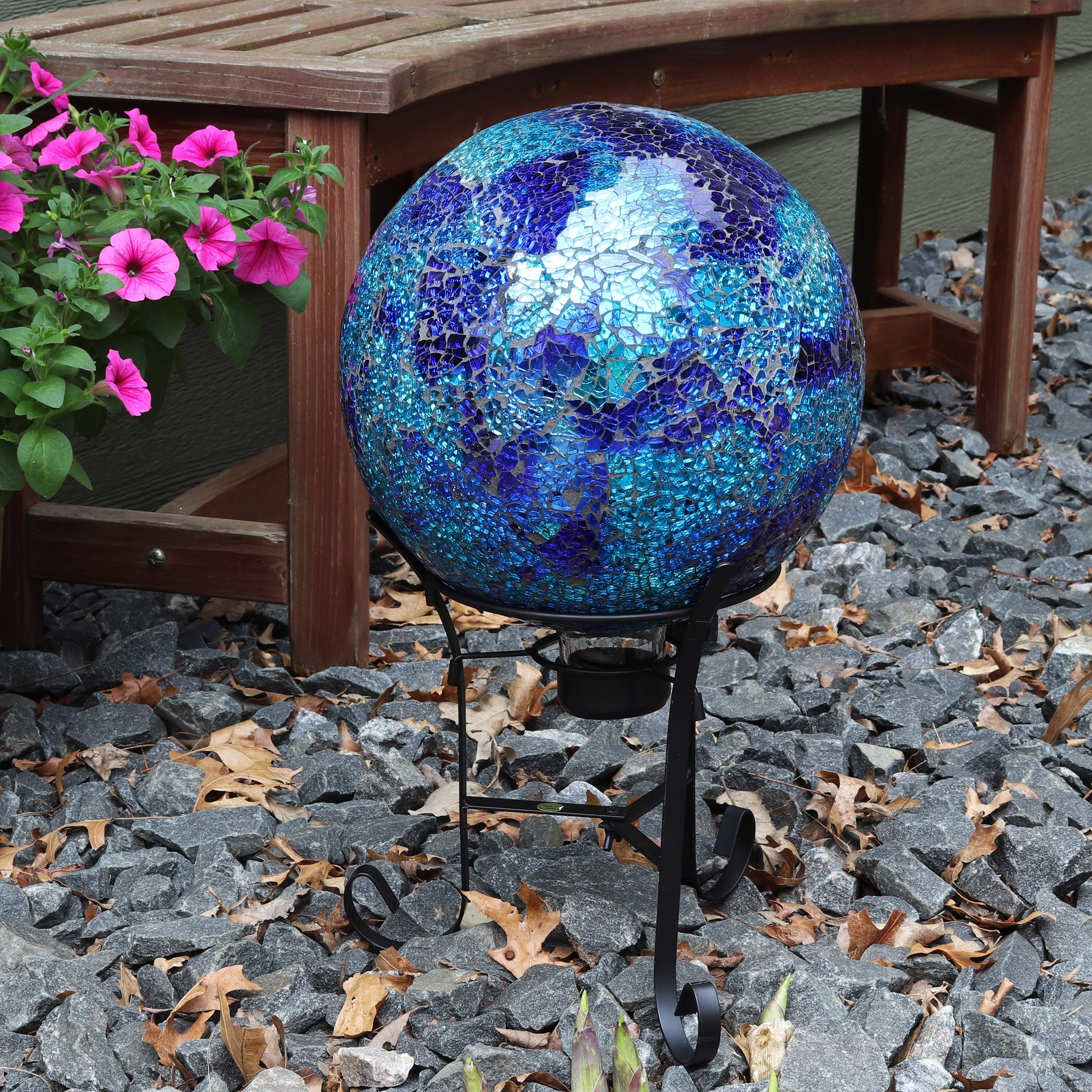  Sunnydaze Decor Deep Ocean Swirl Gazing Globe, Blue Crackled Mosaic Glass, 10