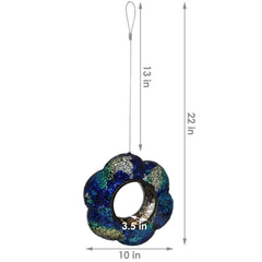 Garden Patio Glass Round Flower Shaped Hanging Fly-Through Bird Feeder - 9" - Indigo