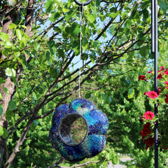 Garden Patio Glass Round Flower Shaped Hanging Fly-Through Bird Feeder - 9" - Indigo