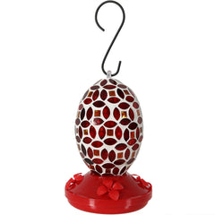 Garden Patio Oval Glass with Mosaic Flower Design Hummingbird Feeder - 18 oz - 7" - Red