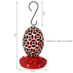 Garden Patio Oval Glass with Mosaic Flower Design Hummingbird Feeder - 18 oz - 7" - Red