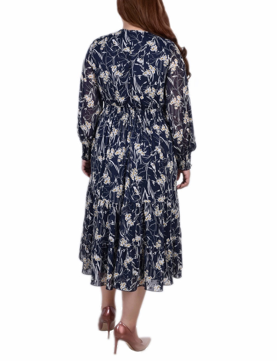  NY Collection Plus Size Long Sleeve Clip Dot Chiffon Dress With Smocked Waist and Cuffs - Navy Floral - Bonton