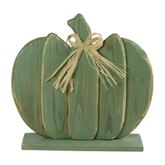 Fall Harvest Wooden Pumpkin With Bow Decoration - 14.75" - Sage Green