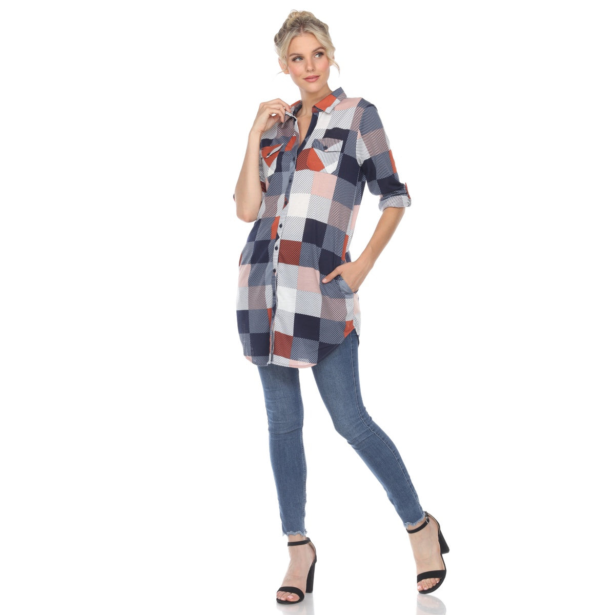  White Mark Women's Plaid Button Down Tunic Top - S - Bonton