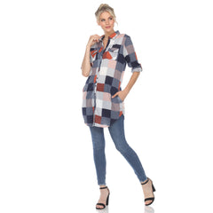 Women's Plaid Button Down Tunic Top