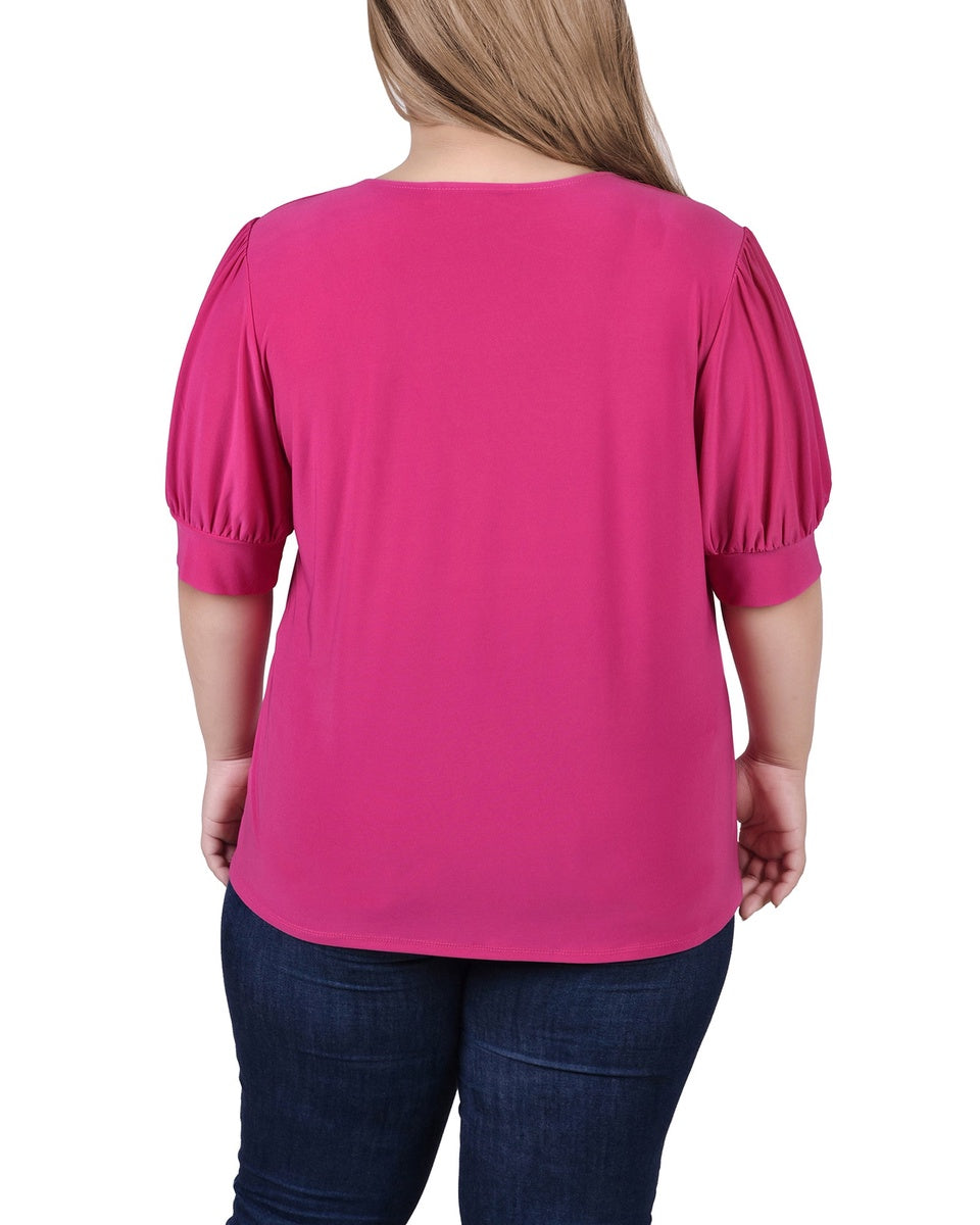  NY Collection Plus Size Short Sleeve Balloon Sleeve Top With Hardware - Bittersweet - Bonton