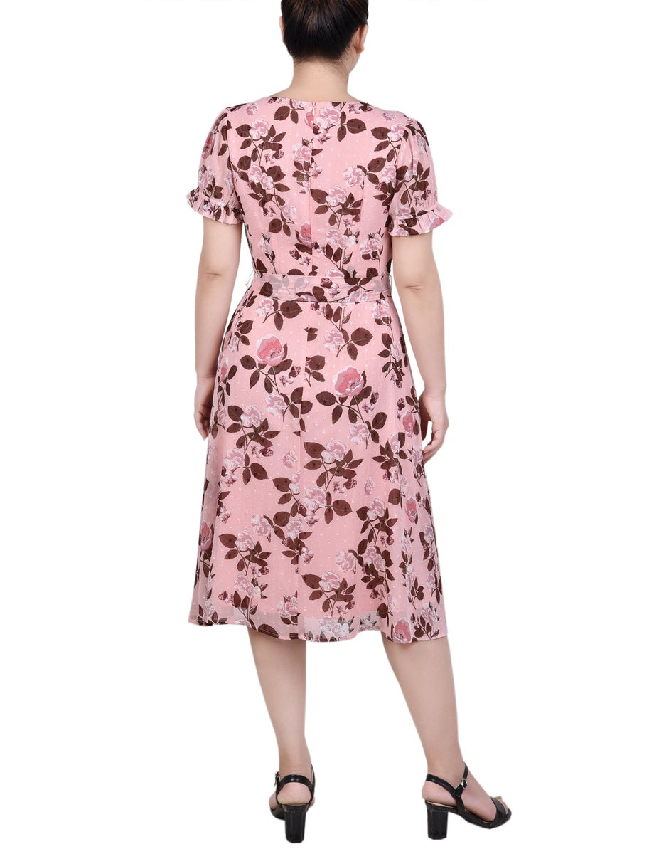 NY Collection Short Sleeve Belted Swiss Dot Dress - Mellow Rose Rectangle - Bonton