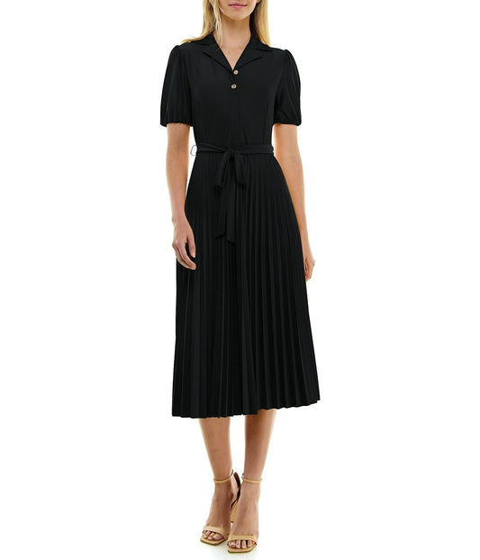 ITY Monaco Stretch Dress with Pleated Skirt and Button Up Collar Neck Very Black