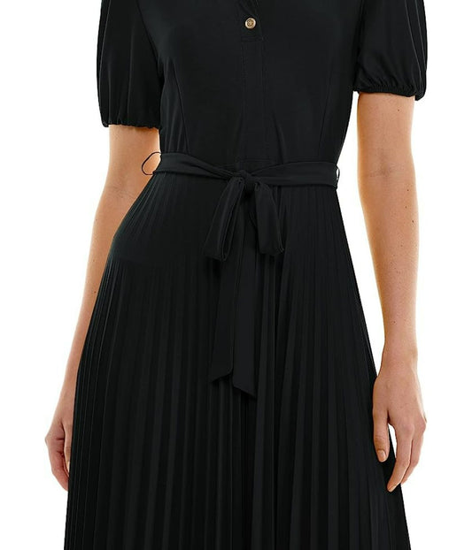 ITY Monaco Stretch Dress with Pleated Skirt and Button Up Collar Neck Very Black