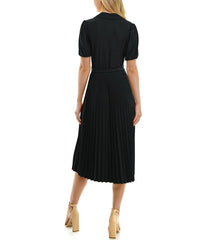 ITY Monaco Stretch Dress with Pleated Skirt and Button Up Collar Neck Very Black