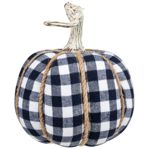 Plaid Fall Harvest Pumpkin With Weathered Stem - 7.75" - Dark Blue and White