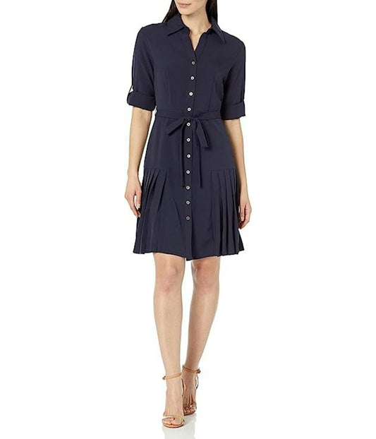 Button To Hem Shirtdress with Pleated Skirt Detail Deep Navy