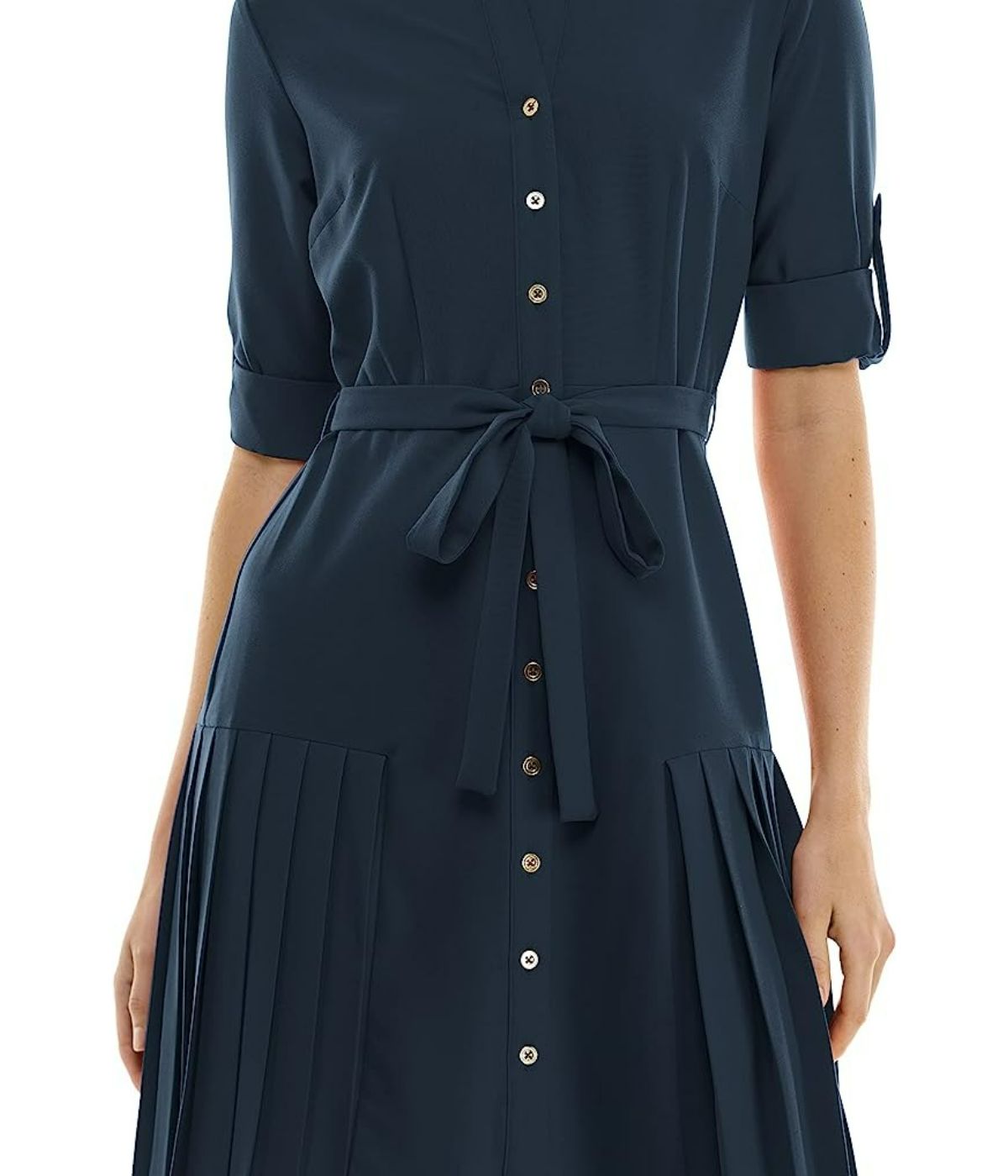 Button To Hem Shirtdress with Pleated Skirt Detail Deep Navy