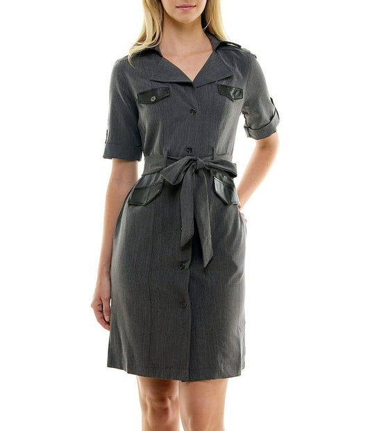 Sharkskin Shirtdress with Pleather Trims Charcoal/black