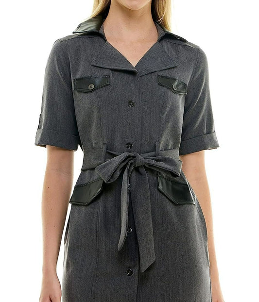 Sharkskin Shirtdress with Pleather Trims Charcoal/black