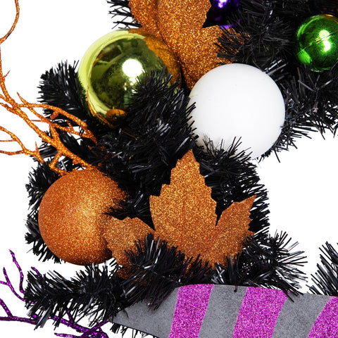 Jack-O-Lantern in Witches Hat Halloween Pine Wreath  24-Inch  Unlit