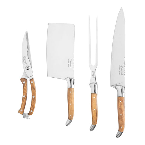 4 Piece Connoisseur Laguiole Professional Chef Knife Set With Olive Wood Handles