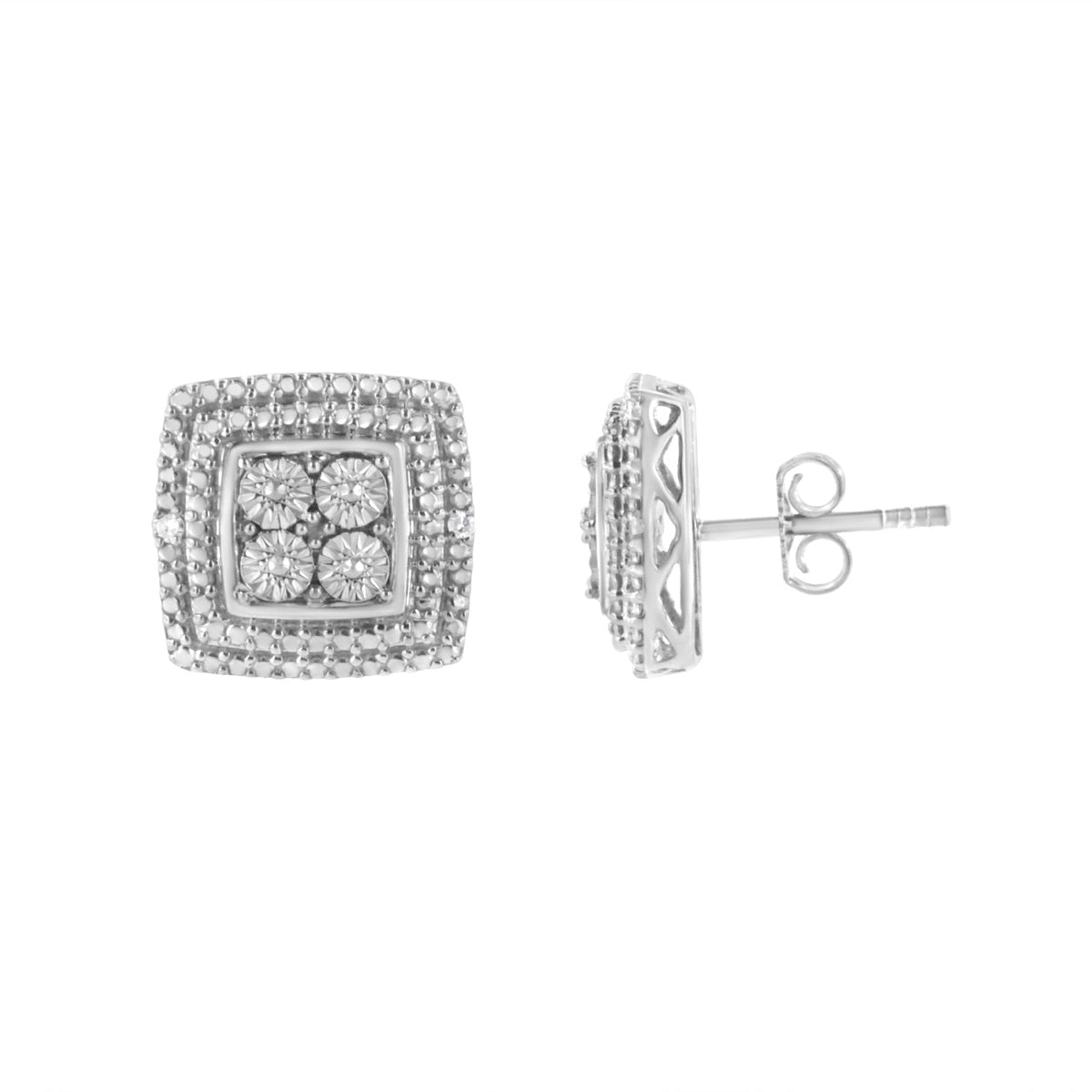  Haus of Brilliance .925 Sterling Silver Diamond Accented Square Shaped Milgrain Stud Earrings (I-J Clarity, I3 Color) - White - Bonton