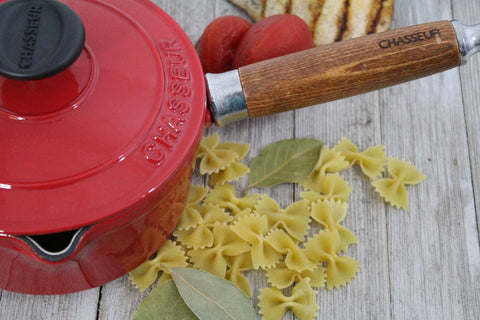 French Enameled Cast Iron Saucepan, Lid & Wood Handle, 1.3-Quart, Red