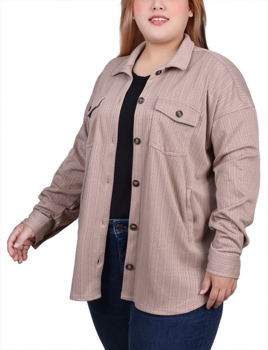  NY Collection Plus Size Long Sleeve Textured Knit Shirtjacket - Camel - Bonton