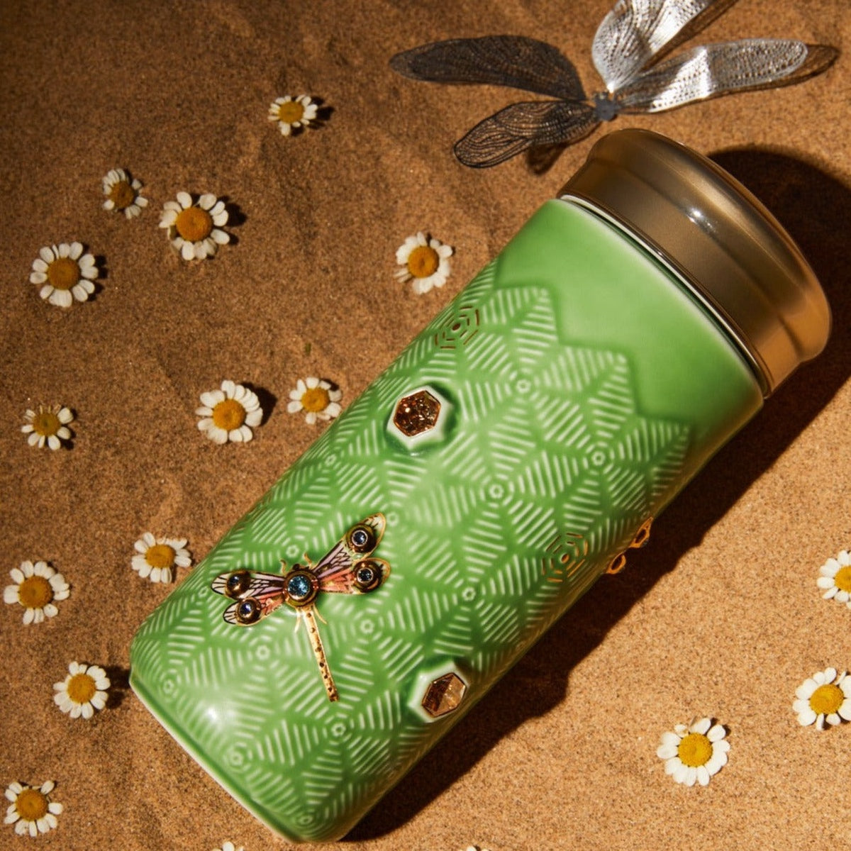  Acera Dragonfly Serenity Travel Mug With Crystals - White and Hand Painted Gold with Crystals - Bonton