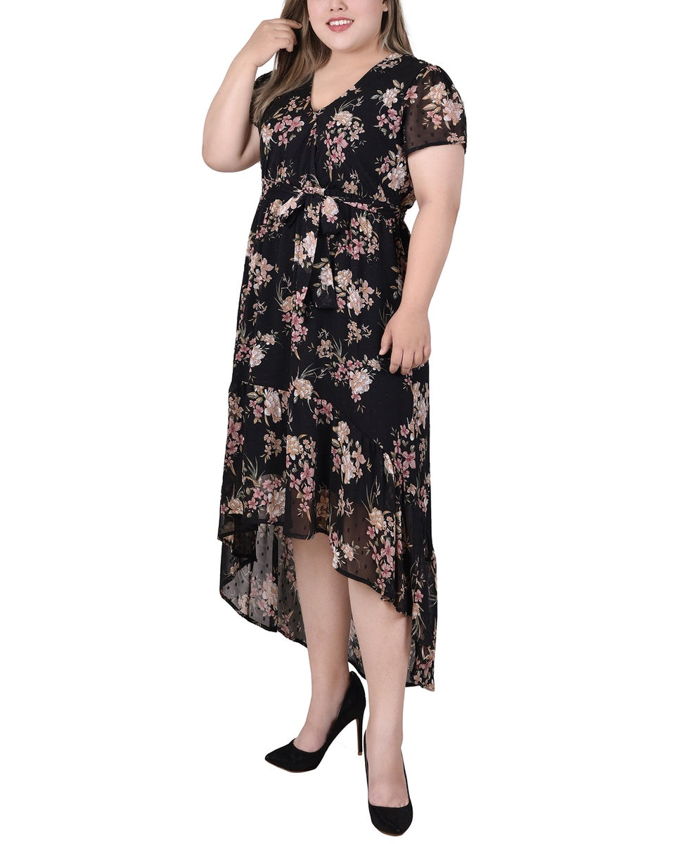  NY Collection Plus Size Short Sleeve Hankerchief Hem Chiffon Dress - Black Mauve Floral - Bonton