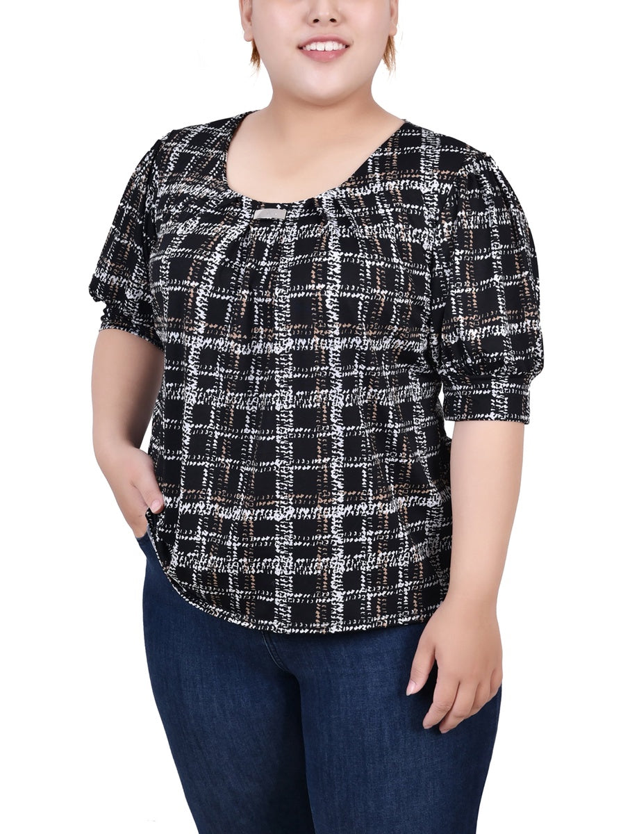  NY Collection Short Sleeve Balloon Sleeve Top - Black White Boxes - Bonton