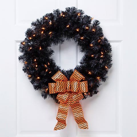 Pre-Lit Noble Spruce Artificial Halloween Wreath - 24" - Black - Orange Lights