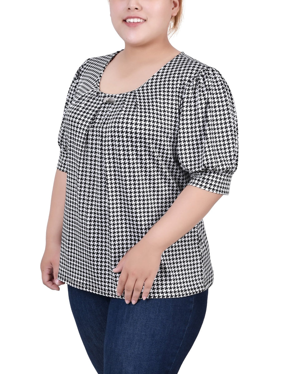  NY Collection Plus Size Short Sleeve Balloon Sleeve Top With Hardware - Black Taupe Zebra - Bonton