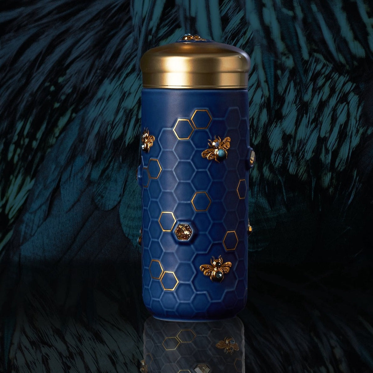  Acera Honey Bee Travel Mug With Crystals - Matte Blue and Hand Painted Gold Bees with Crystals - Bonton