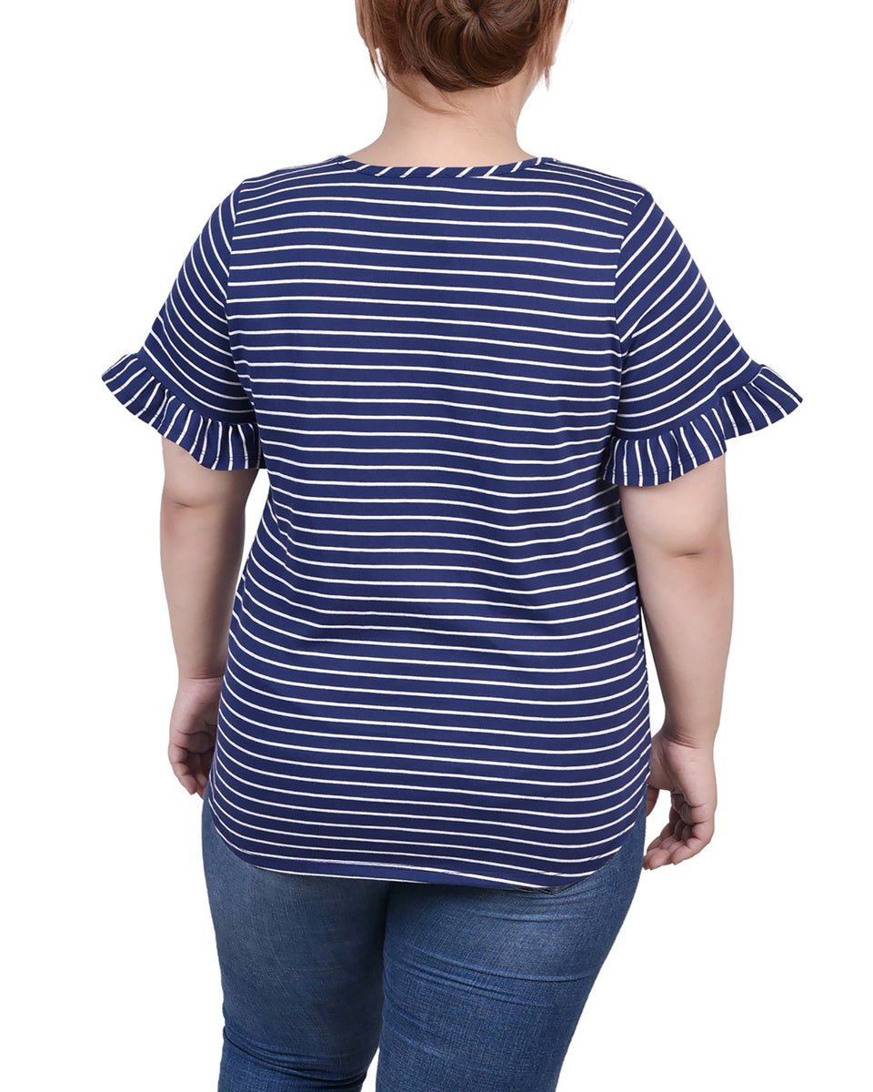  NY Collection Plus Size Short Bell Sleeve Top - Navy Double Stripe - Bonton