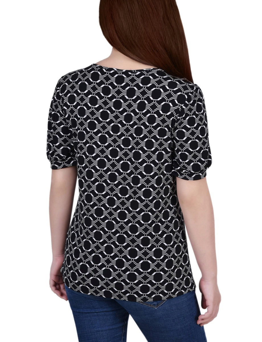  NY Collection Petite Short Puff Sleeve Sheer Inset Top - Black - Bonton